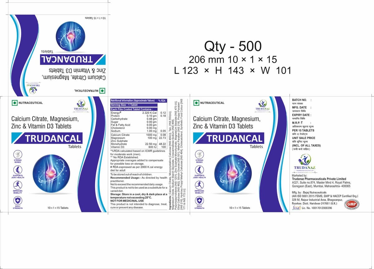 Trudancal — Calcium Citrate, Magnesium, Zinc & Vitamin D3 Tablets — strong bones, joint health, mobility & daily strength.
