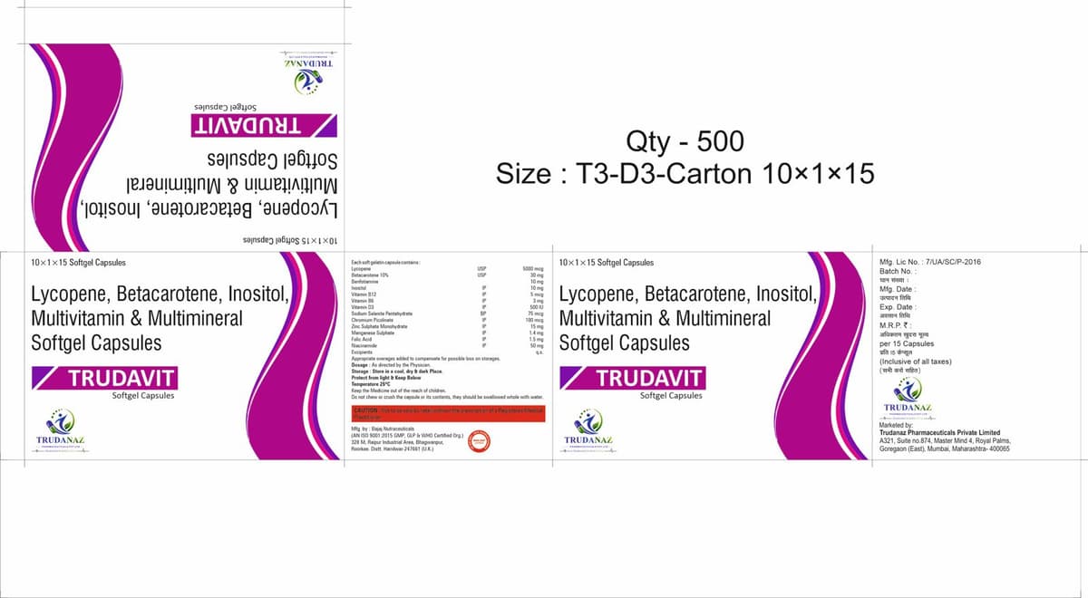 Trudavit — Lycopene, Betacarotene, Inositol, Multivitamin & Multimineral Softgel Capsules.